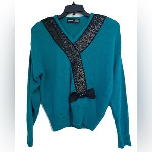 Vintage Beautifully Mine Silk/angora Sweater Women’s L Turquoise Sequins bow